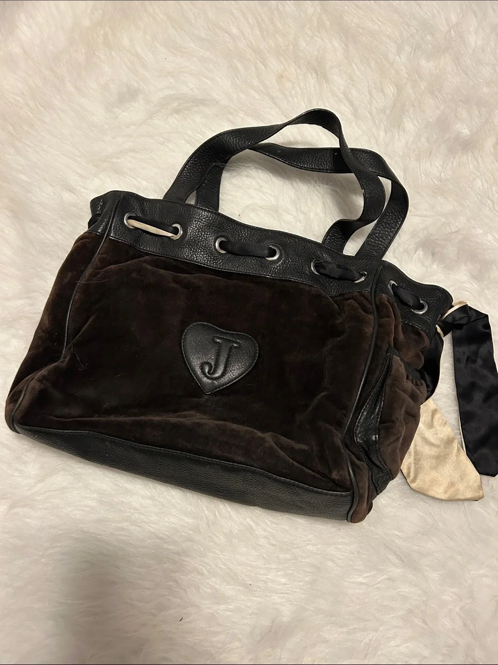 Juicy Couture Brown velvet and Black leather trim Tote with Cream Accents